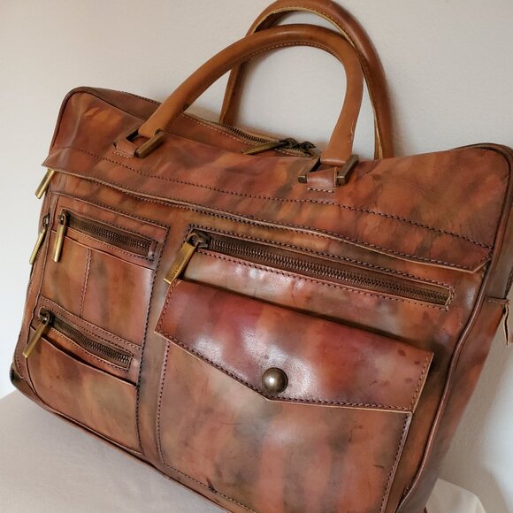 D&G leather briefcase laptop bag vintage painted dyed camo brown green gray blac - Picture 14 of 15